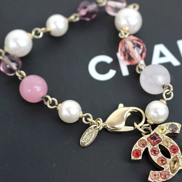 CHANEL CC Logos Pearl Multicolor Stone Bracelet 7" Gold Tone Auth D-1002 - Picture 3 of 4